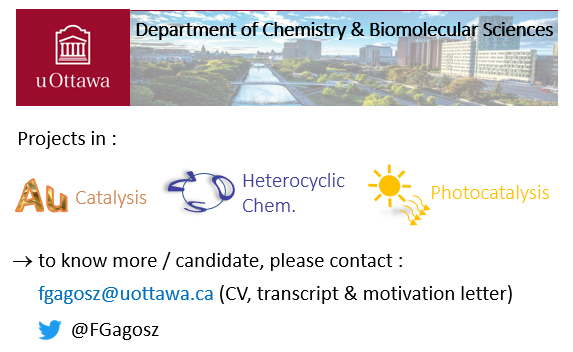 Gagosz Lab (@thegagoszlab) on Twitter photo 📣Interested by graduate studies in Synthetic Organic Chemistry and Catalysis ?
#ChemTwitter #ChemPhD #OrganicChemistry
<a href="/TheGagoszLab/">Gagosz Lab</a> <a href="/uOttawaCHM/">uOttawa Chem & Biomolec Sci // Chimie & Sci Biomol</a> has open positions for the Fall 2023. 📣Interested by graduate studies in Synthetic Organic Chemistry and Catalysis ?
#ChemTwitter #ChemPhD #OrganicChemistry
<a href="/TheGagoszLab/">Gagosz Lab</a> <a href="/uOttawaCHM/">uOttawa Chem & Biomolec Sci // Chimie & Sci Biomol</a> has open positions for the Fall 2023.