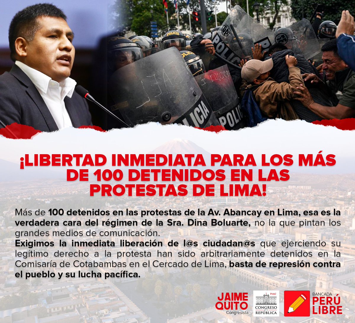 JaimeQuito6's tweet photo. Más de 100 detenidos en las protestas de la Av. Abancay en #Lima, esa es la verdadera cara del régimen de la Sra. #DinaBoluarte. Exigimos la inmediata liberación de l@s ciudadan@s que ejerciendo su legítimo derecho a la protesta han sido detenidos, ¡Basta de represión! https://t.co/9nakfdJAkp