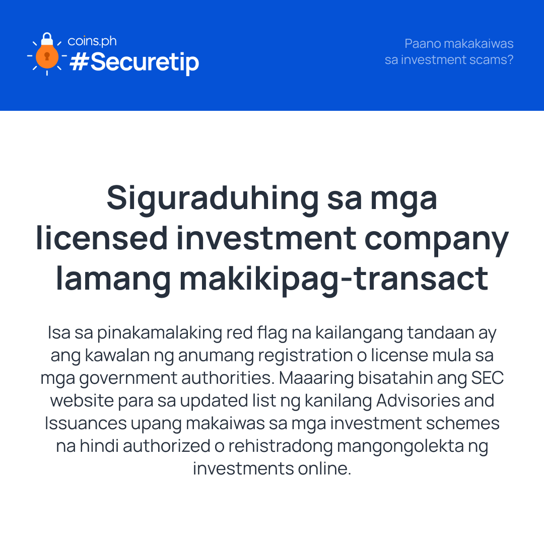 PayWithCoin's tweet photo. RT coinsph "Paano nga ba makakasigurado na sa legit at safe na investment mapupunta ang pera mo?
Narito ang ilang mga #Securetip🔒 para maiwasan ang mga laganap na investment scams https://t.co/Y9w6hQiEy1"