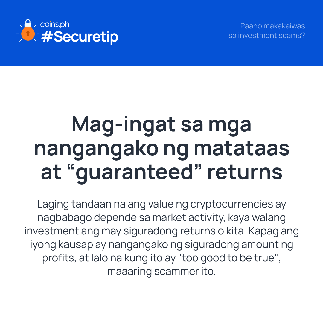 PayWithCoin's tweet photo. RT coinsph "Paano nga ba makakasigurado na sa legit at safe na investment mapupunta ang pera mo?
Narito ang ilang mga #Securetip🔒 para maiwasan ang mga laganap na investment scams https://t.co/Y9w6hQiEy1"