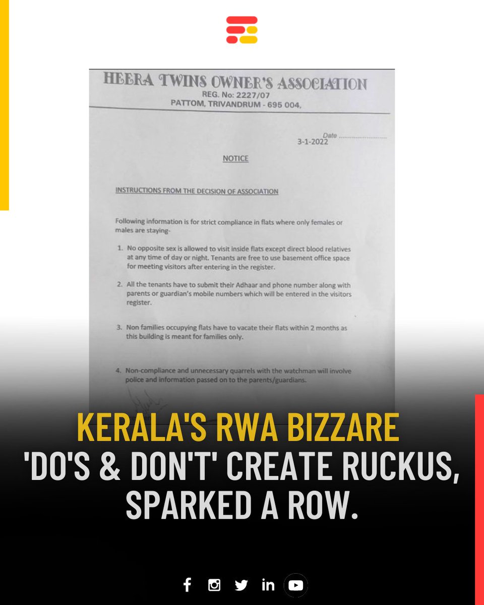 feedmileapp's tweet photo. "No opposite sex is allowed to visit flats except direct blood relatives at any time of day or night.
#feedmile #feedmileshorts #keralapolice #tenant #Flatonrent #rental #rentalhouse #onrent #tolet #flatowner https://t.co/C2hhY5OtFV