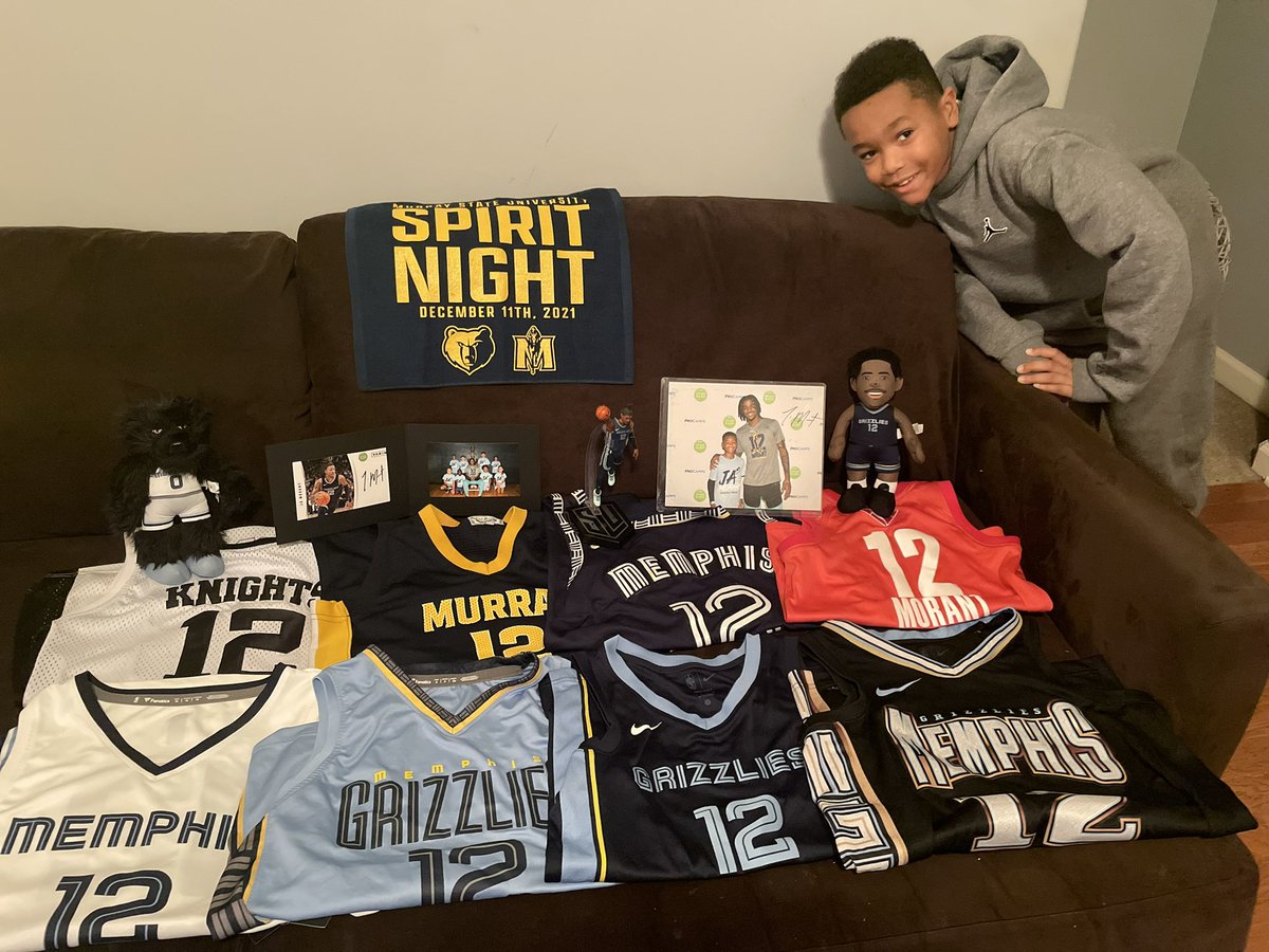 mplmartin98's tweet photo. My son is a huge Ja fan! He is inspired by Ja’s work ethic and his growth and development since he’s been in the league. The @nikebasketball Ja1’s would encourage him to keep working hard and set off his jersey collection(most of which he bought)! @JaMorant #Jas12DaysOfChristmas https://t.co/n3zO3RYaZO