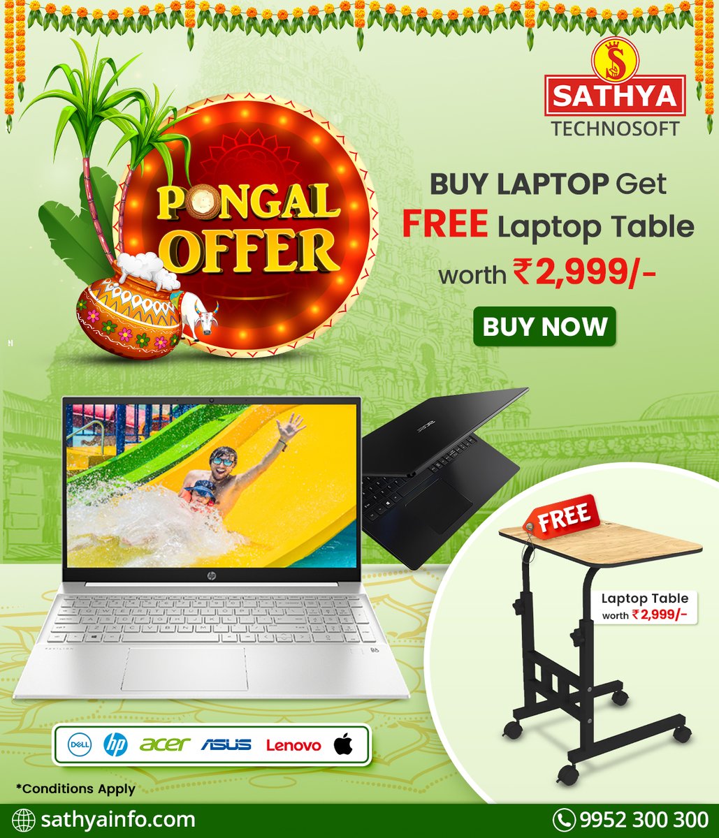 sathyainfo's tweet image. Exciting Pongal Offer! Purchase brand new Laptop and get #FREE Laptop Table worth Rs.2,999/- Call 9952300300 to get this offer.

#Laptop #asuslaptop #asus #lenovo #Acer #hp #Dell #Apple #Pongal #Pongal2023 #sathyainfo #india #laptops #festival #festiveseason #FESTIVE #seo #brand