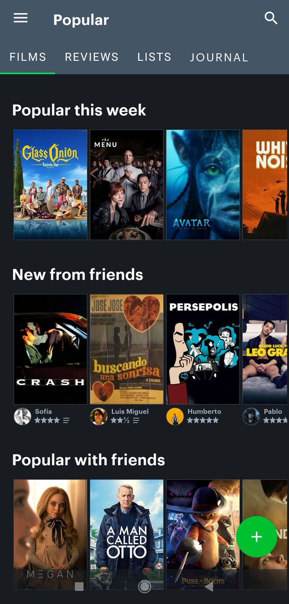 azulartx's tweet photo. 🧵🧵🧵 Ok, acá un hilo de cómo usar letterboxd ☺️.

✨ Esto es lo primero que vemos al abrir la app, lo cual es la pestaña de POPULAR. Hasta ahora todo normal, lo que vemos son: las películas populares, lo que han visto tus amigos y las películas populares entre ellos. https://t.co/4j2juJKEu9