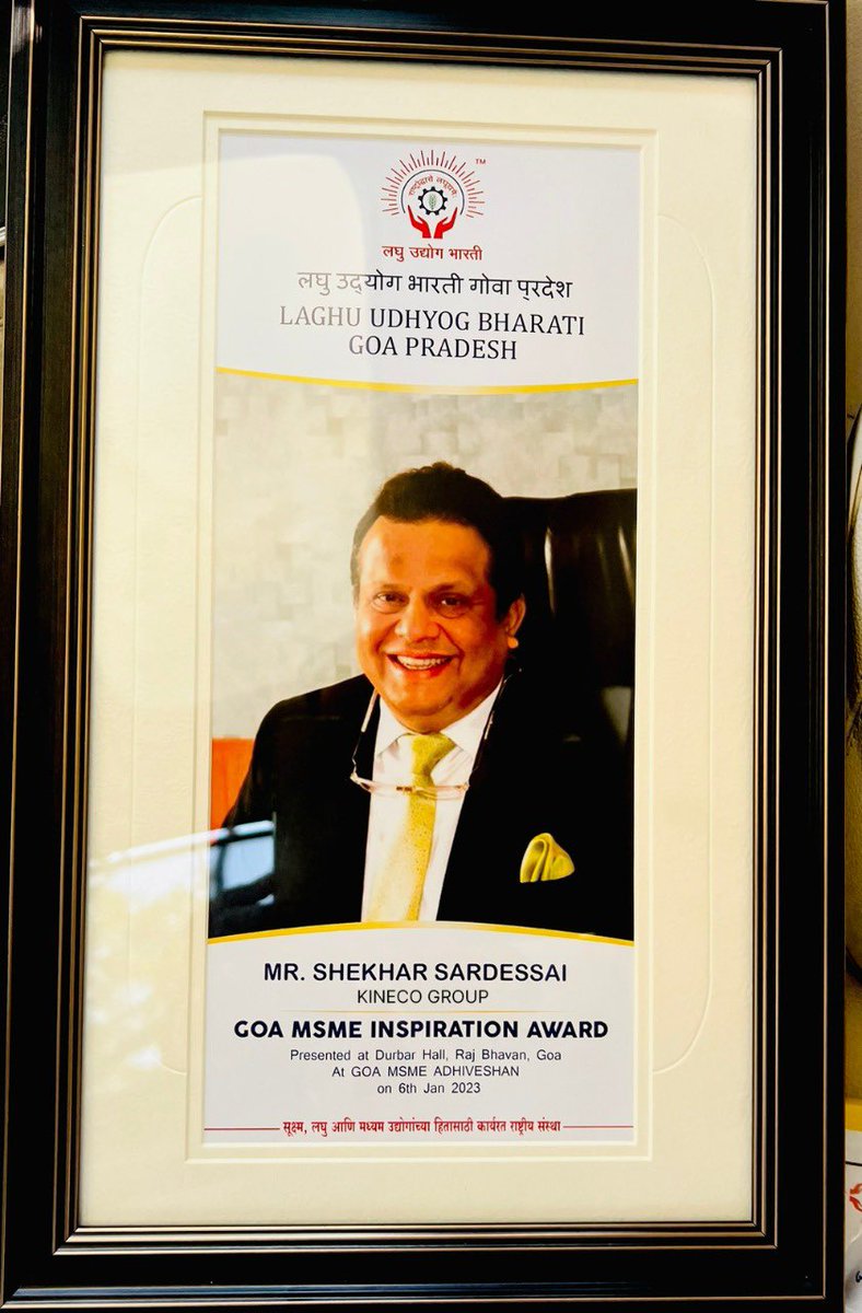 KinecoGroup's tweet photo. Kineco starts 2023 with a prestigious recognition for its contribution to MSME industry.

Here's Mr. Shekhar Sardessai, Founder &amp; MD of KINECO Group, receiving the MSME Inspiration Award for KINECO Group from Laghu Udyog Bharati, Goa Pradesh at its Goa Adhiveshan.

#MSME #Kineco https://t.co/9osml1woUu