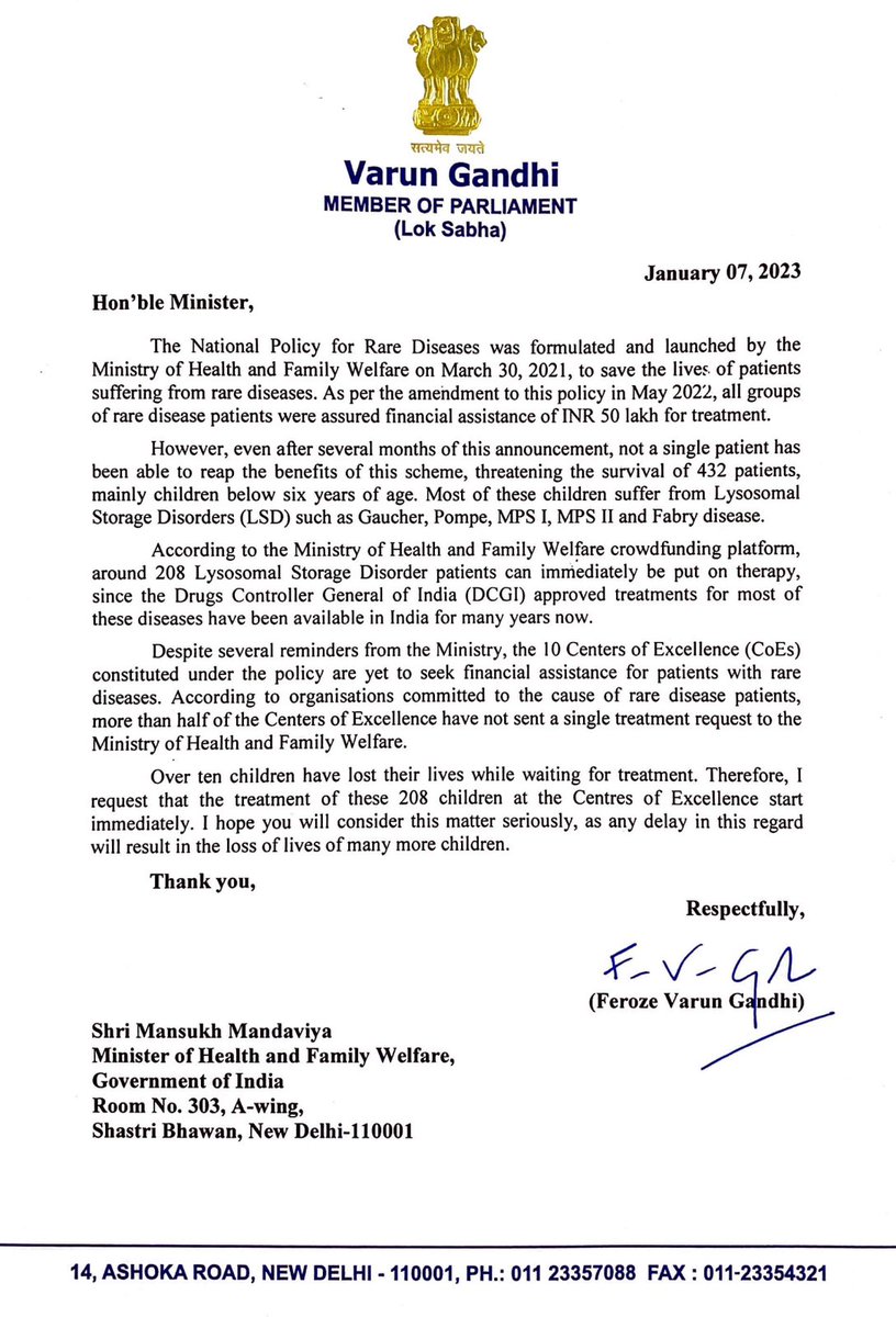 Varun Gandhi (@varungandhi80) on Twitter photo Last year, the govt assured financial assistance of Rs 50 lakh to every rare disease patient.
So far, not a single patient has benefited from this scheme. 10 children have died waiting for treatment.
I request Shri <a href="/mansukhmandviya/">Dr Mansukh Mandaviya</a> to act immediately by clearing these payments. Last year, the govt assured financial assistance of Rs 50 lakh to every rare disease patient.
So far, not a single patient has benefited from this scheme. 10 children have died waiting for treatment.
I request Shri <a href="/mansukhmandviya/">Dr Mansukh Mandaviya</a> to act immediately by clearing these payments.