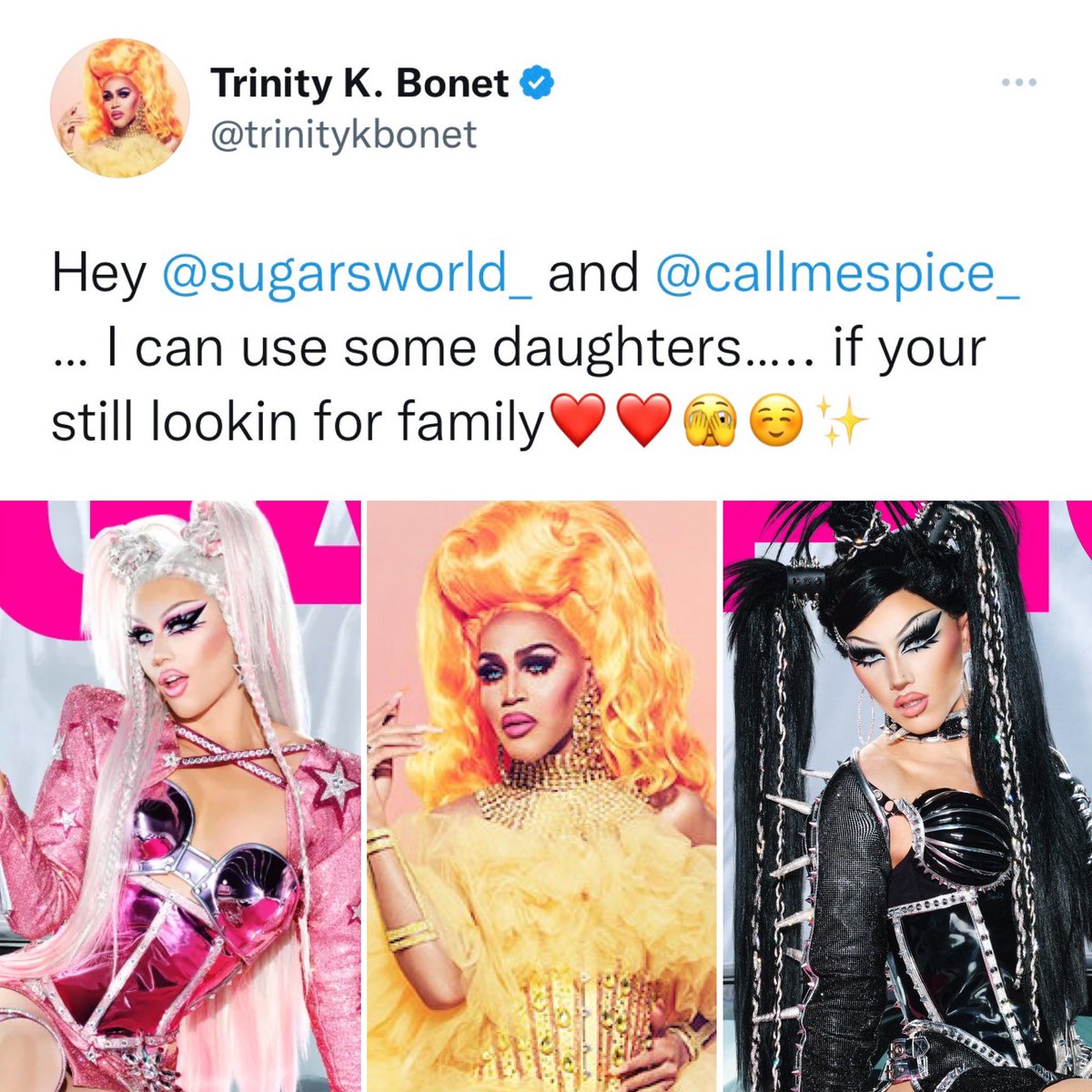 TheTuckPodcast's tweet photo. Awwwww #TrinityKBonet wants to adopt #Sugar and #Spice! ๐ฉ๐ #DragRace https://t.co/TutX2GCJhX
