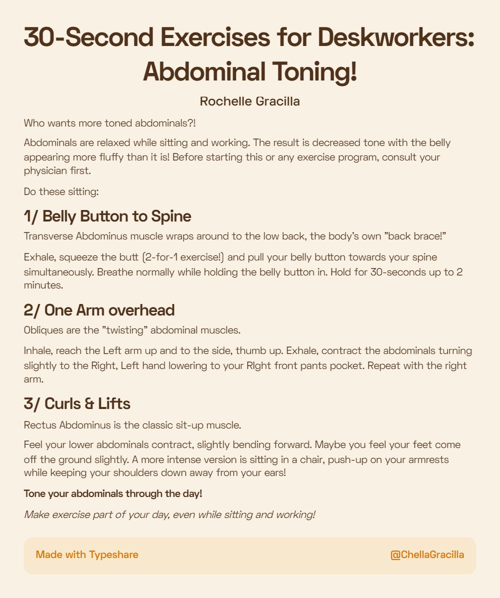 ChellaGracilla's tweet photo. Tip of my sailor's cap to @PigBallerinaYan for suggesting I write some seated Abdominal Exercises!  Any other areas you would like Exercises for?!  #Ship30for30   #Exercises  #DeskWorkers https://t.co/auFyJ8UORa