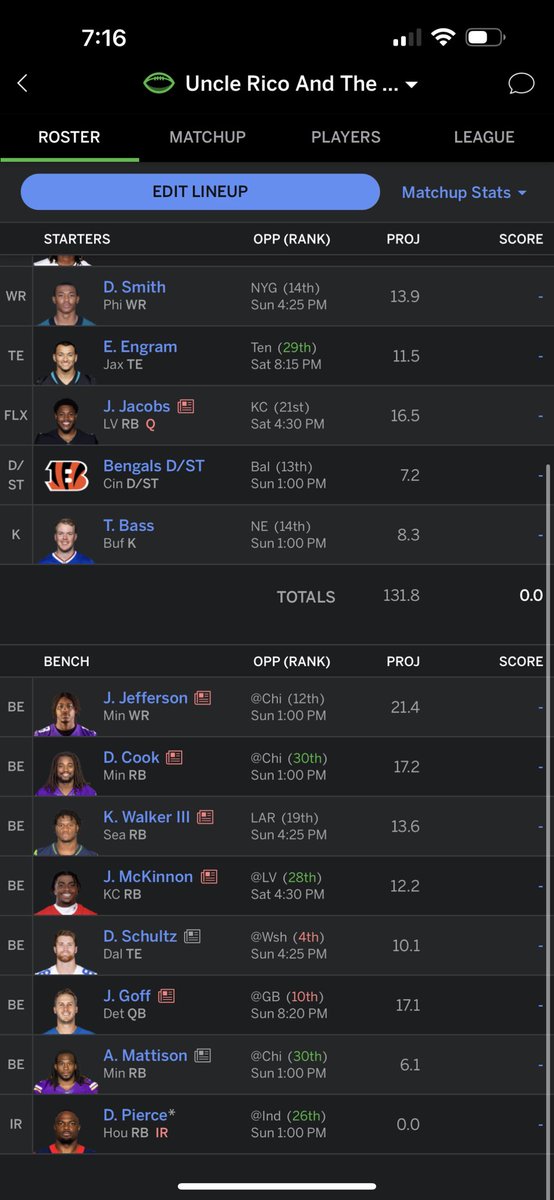 TemplesWilliam's tweet photo. @TheFFBallers Any changes I should make going into Week 18 with players potentially sitting out lol https://t.co/XtmzgAzZUj