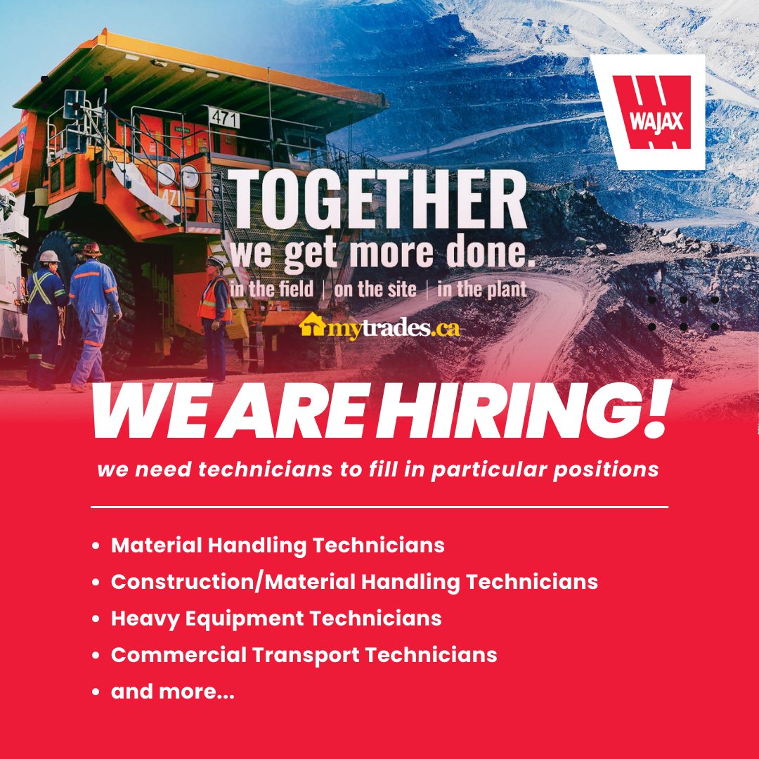 Finding a job that excites you and motivates you every day is possible – it’s at Wajax. To view jobs, go to bit.ly/3GnYAd1 #wajax #technicians #heavyequipment #construction #commercialtransport #jobs #wearehiring #nowhiring #materialhandling #technician <a href="/wajax/">Wajax</a>