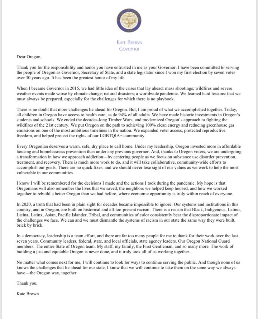 OregonGovBrown's tweet image. Oregon: Thank you for the responsibility you have entrusted in me as your Governor. It has been the greatest honor of my life.

Read my full statement: drive.google.com/file/d/1AoT_Px…