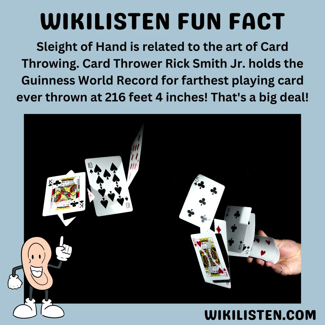 wiki_listen's tweet photo. Here’s a fun fact about Card Throwing which is related to Sleight of Hand, the subject of today’s episode! https://t.co/JazN631XC0 #SleightOfHand #CardTricks #CardThrowing #RickSmithJr #MagicTricks #Magic #Magicians #RickyJay #Legerdemain #WikiListen https://t.co/dwlgeV14WV