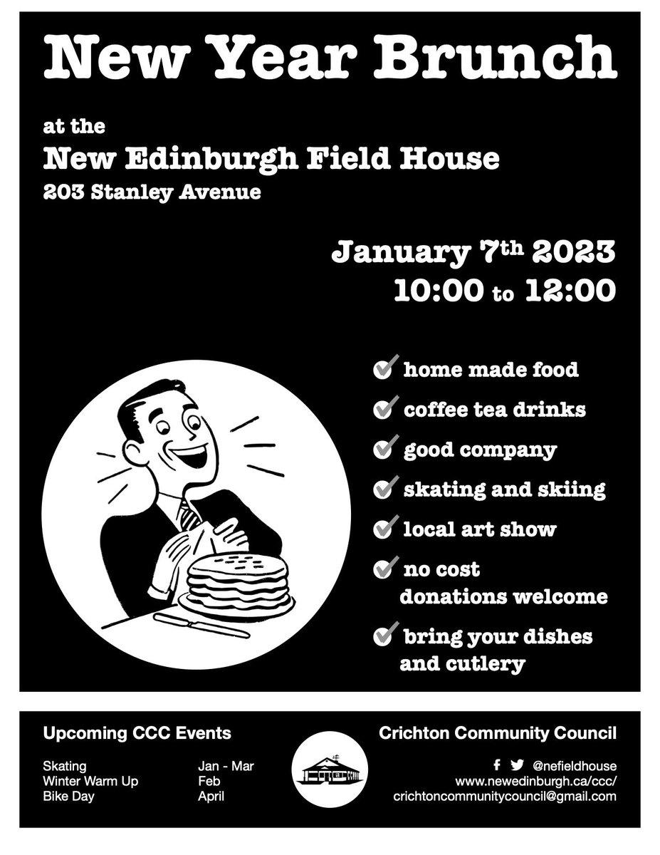 New Year Brunch at the New Edinburgh Fieldhouse is on tomorrow (Saturday) morning from 10 to 12. Come for plentiful home made food, and the good company of neighbours. Although there is no fixed cost for this event, donations are gratefully accepted. Bring your skates and plates!
