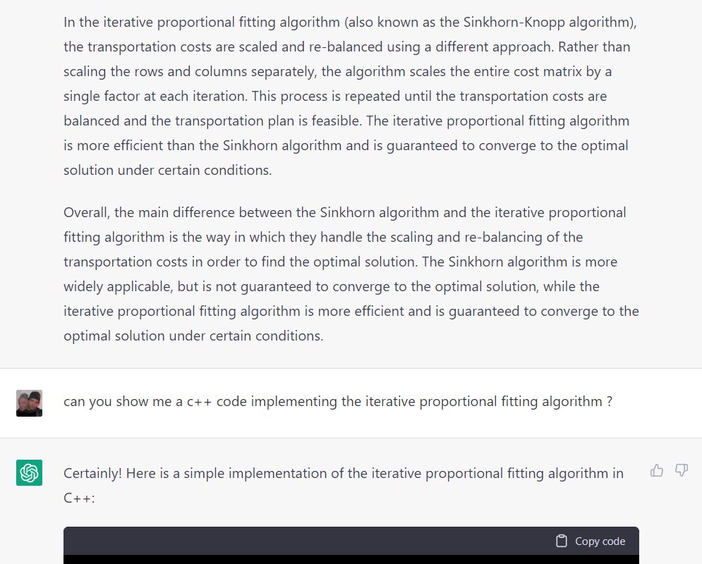 nbonneel's tweet image. how ChatGPT almost bluffed me ;)  
-to my knowledge Sinkhorn-Knopp&apos;s algorithm is Sinkhorn algorithm
-the code it gives produces the identity transport plan as soon as the masses are the same *regardless* of the transport cost. It&apos;s wrong.
#optimaltransport #ChatGPT  [1/2]