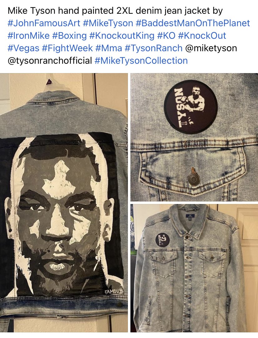 Mike Tyson hand painted 2XL denim jean jacket by #JohnFamousArt #MikeTyson #BaddestManOnThePlanet #IronMike #Boxing #KnockoutKing #KO #KnockOut #Vegas #FightWeek #Mma #TysonRanch @miketyson @tysonranchofficial #MikeTysonCollection