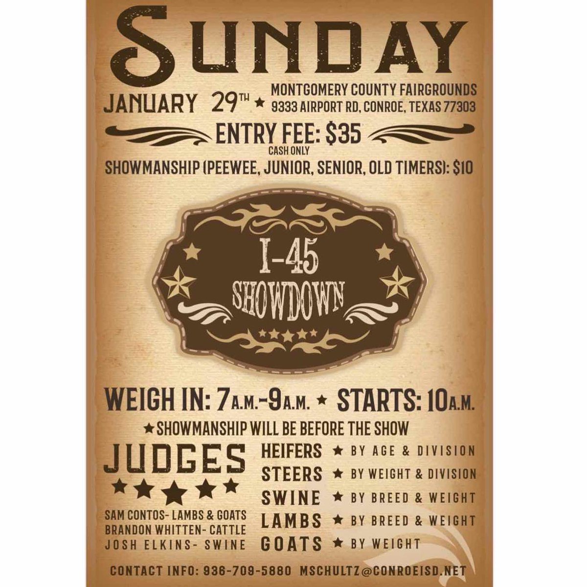 Conroe__FFA's tweet image. Mark your calendars right now for the I-45 Showdown! Buckles, banners, livestock gear,  and more! Prizes/ribbons at every level! 

This is the last show offered at the Montgomery County Fairgrounds before major shows begin!