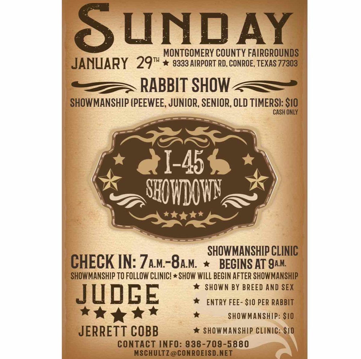 Conroe__FFA's tweet image. Mark your calendars right now for the I-45 Showdown! Buckles, banners, livestock gear,  and more! Prizes/ribbons at every level! 

This is the last show offered at the Montgomery County Fairgrounds before major shows begin!