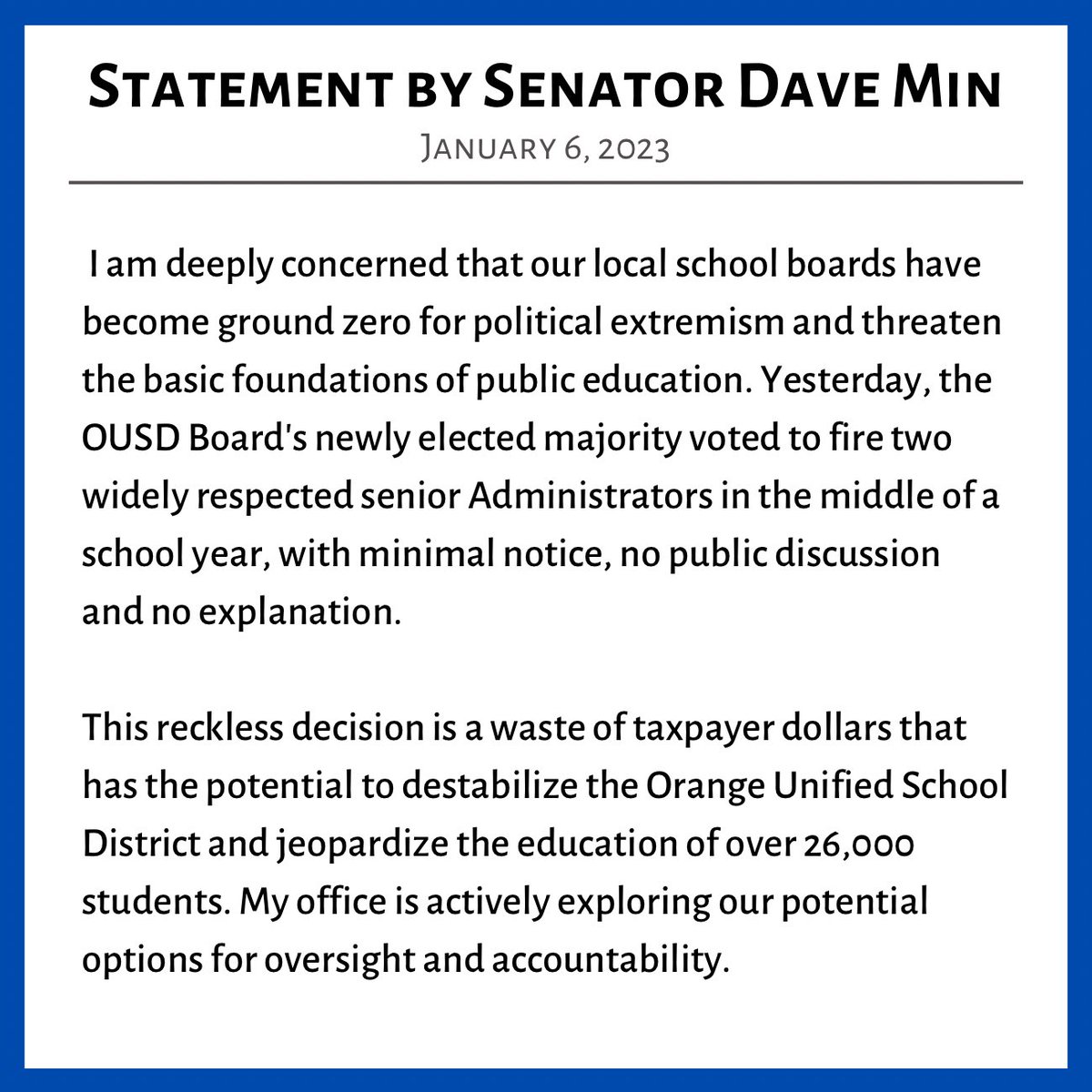 RT @SenDaveMin: My official statement on the Orange Unified School District’s decision to fire top Administrators. https://t.co/Vx4aIZfuO9