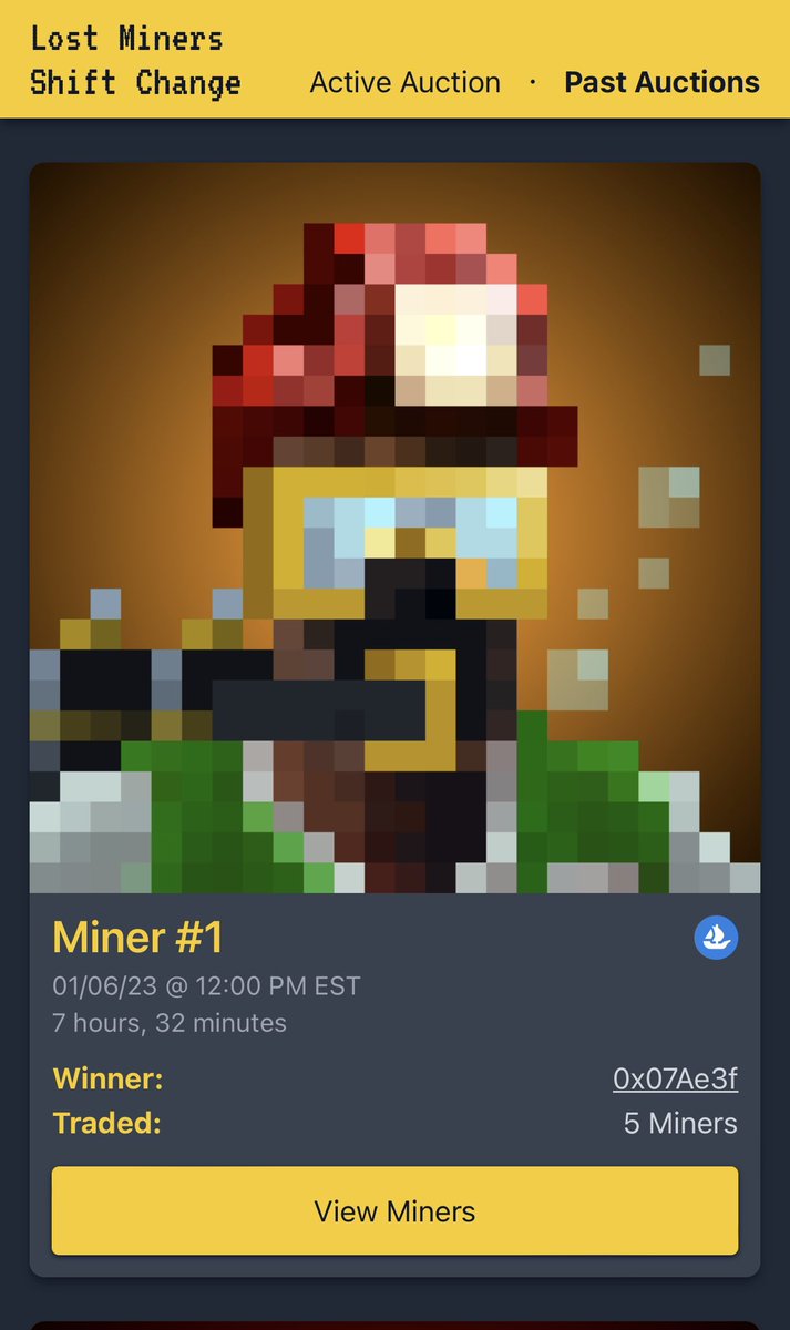 ethFRENCHIE's tweet image. Congrats to @cphurley626 for winning @LostMinersETH token #1.  A nice Scuba miner.  #theyexist #shiftchange 

Next Shift Change Dutch Auction starts tomorrow at NOON EST. 

tl;dr A novel mechanic to bid on “grails” that verifiably randomed in team holdback and pay with “floors.”
