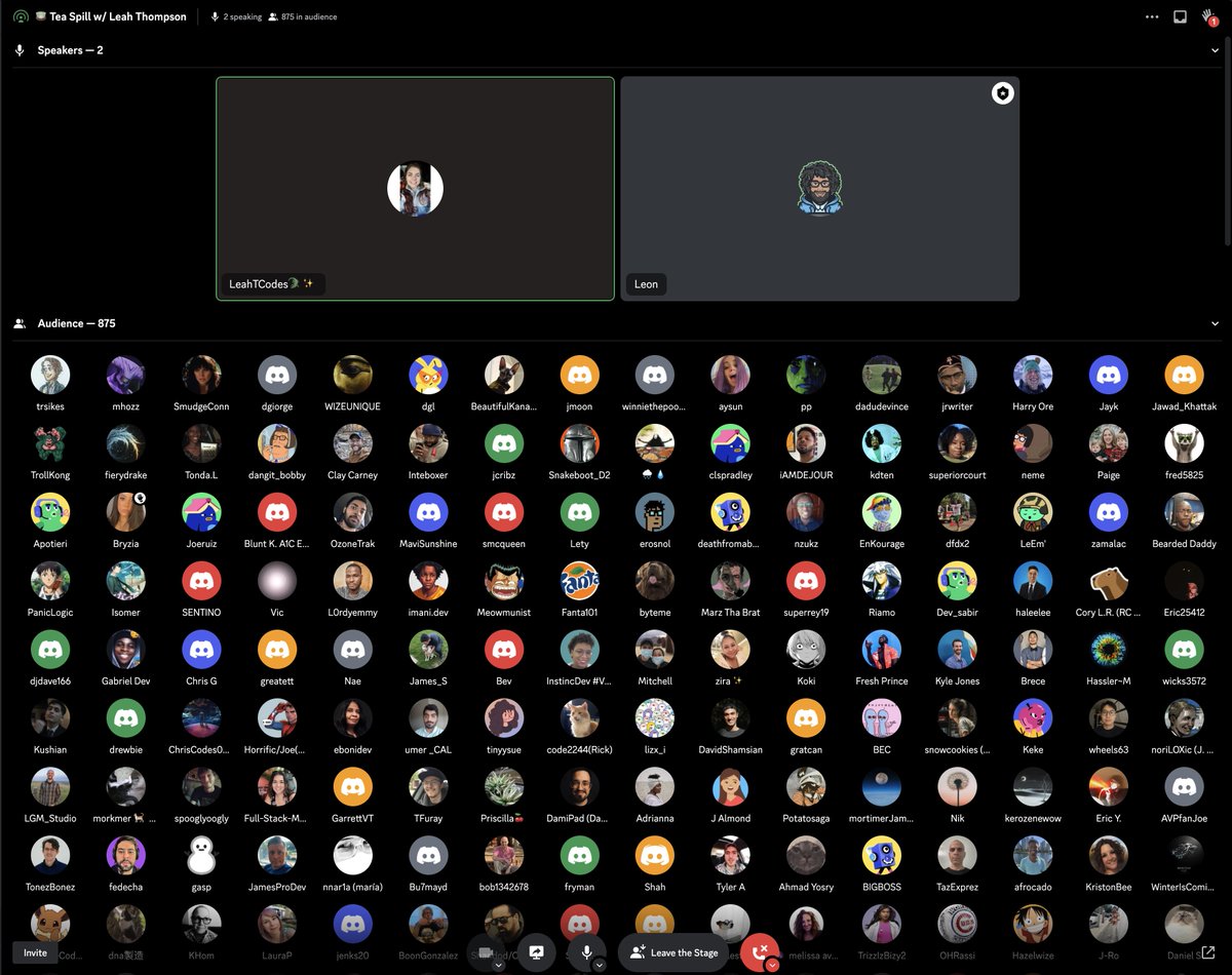 leonnoel's tweet image. Just @LeahTCodes and 800+ of the homies on Discord!

Thank you for spilling all the tea! So many gems! 

I&apos;m inspired and I know so many other folx are pumped up to hit #THEHUNT hard! Ty!