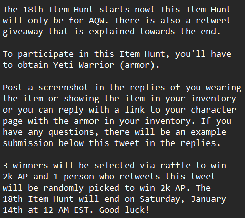 CaddeusAQ3D's tweet photo. The 18th Item Hunt starts now! 

Also, if you retweet this tweet, you'll have a chance to win 2k AP. This is explained further in the screenshot. https://t.co/VrcJnJA60k
