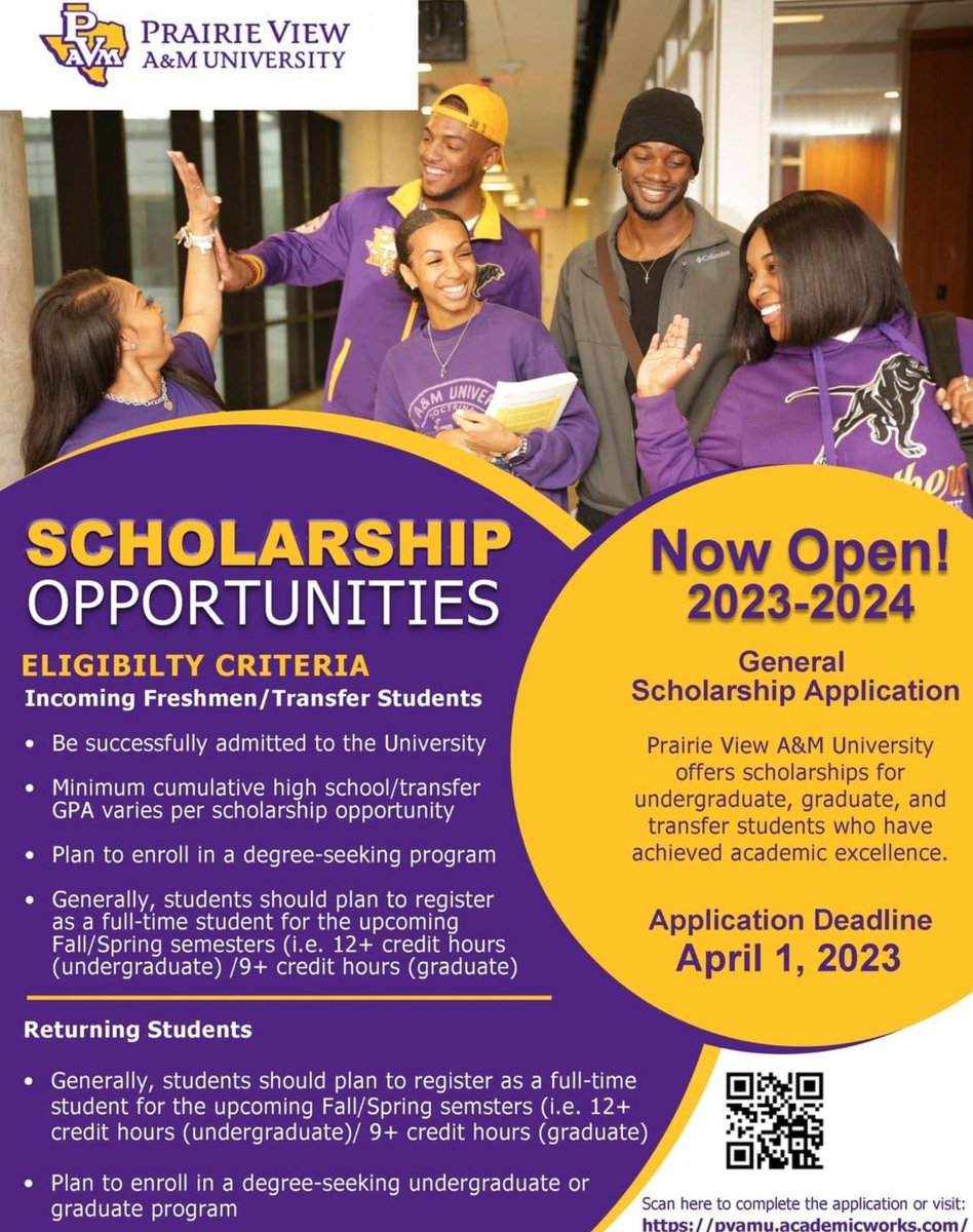 GPISD CollegeReady (@gpcollegeready) on Twitter photo Attn: PVAMU Bound Seniors! The 2023-2024 General Scholarships Application is open today!
Apply now at the link here: pvamu.academicworks.com
The deadline is April 1, 2023. Take advantage now!
<a href="/GPISDCounseling/">GPISD Counselors</a> 💲🎓
#PVAMU Attn: PVAMU Bound Seniors! The 2023-2024 General Scholarships Application is open today!
Apply now at the link here: pvamu.academicworks.com
The deadline is April 1, 2023. Take advantage now!
<a href="/GPISDCounseling/">GPISD Counselors</a> 💲🎓
#PVAMU
