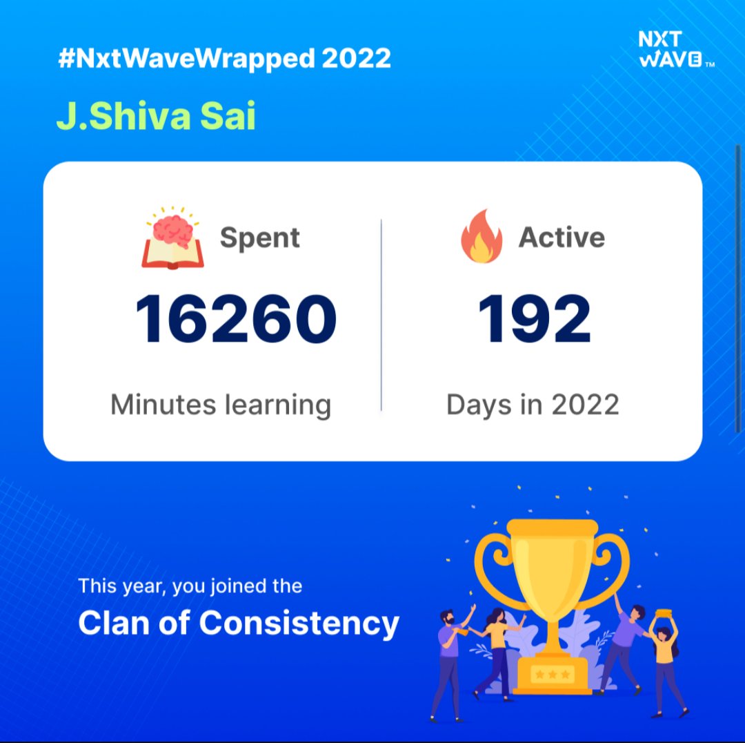 JuluriSai1's tweet photo. The year-end is here and I am excited to share my #NxtWaveWrapped2022. Take a look at my learnings this year which brings me closer to becoming a Highly Skilled Software Developer.
Thank you @rahulattuluri Sir and @nxtwave_tech https://t.co/Ko2p5Ac4Tq