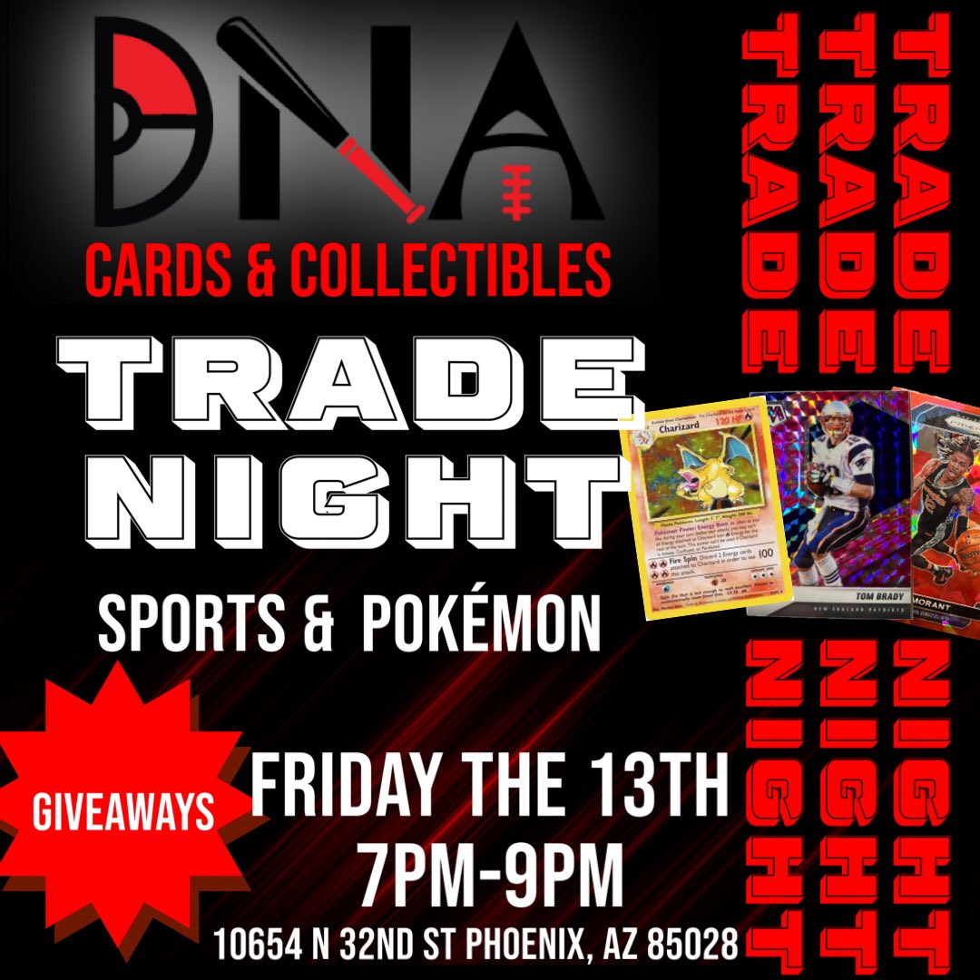 DNAcardshop's tweet photo. Come join us for our first ever trade night! Friday the 13th at DNA Cards &amp; Collectibles from 7pm-9pm https://t.co/Pr8M420jAe