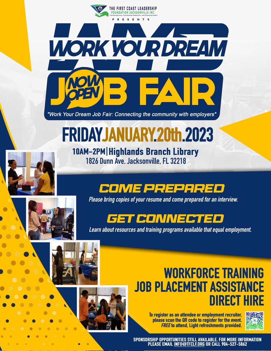 Work your dream job fair! Register Today‼️
mobilize.us/fclf/event/545…

#JaxJobs #Jobs #JobSeekers #Jacksonville #Duval #Leadership #StrongerTogether