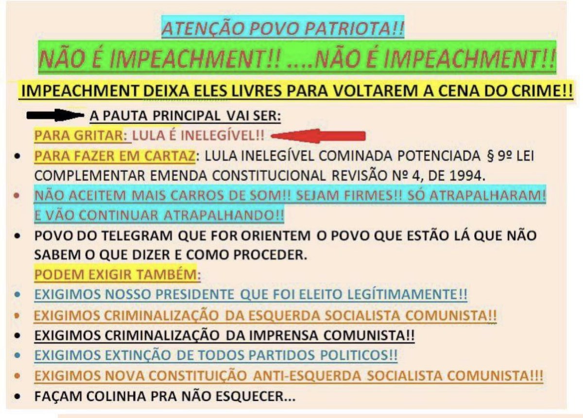 delucca's tweet photo. Seguem as orientações que os bolsonaristas estão compartilhando nos grupos sobre os atos golpistas agendados para Brasília neste fim de semana: “não é impeachment” e “Lula inelegível” https://t.co/udNK49hxEY