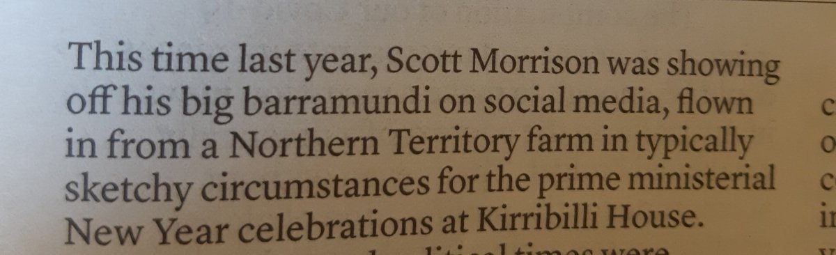 This sentence by Prof Wallace had me laughing out loud  - Morrison showing off his big barramundi - sounds a bit rude. 😂 @c_s_wallace
#SaturdayPaper