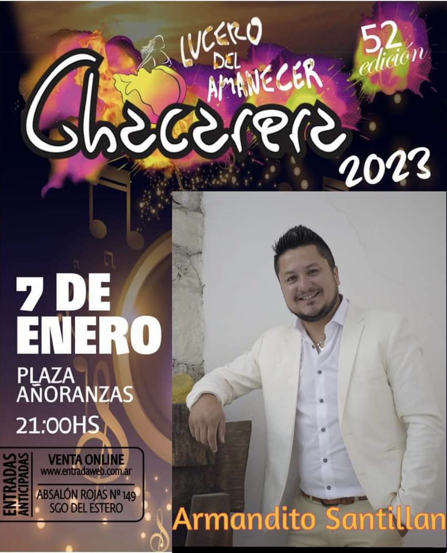 🎶 Vení a disfrutar de una noche de baile, amigos y una gran grilla de artistas

✅ #ArmanditoSantillan estará presente en nuestro escenario

🗓️ 7 de enero en Plaza Añoranzas a las 21hs

🎫 entradas en: Absalon Rojas 149 o en entradaweb.com.ar