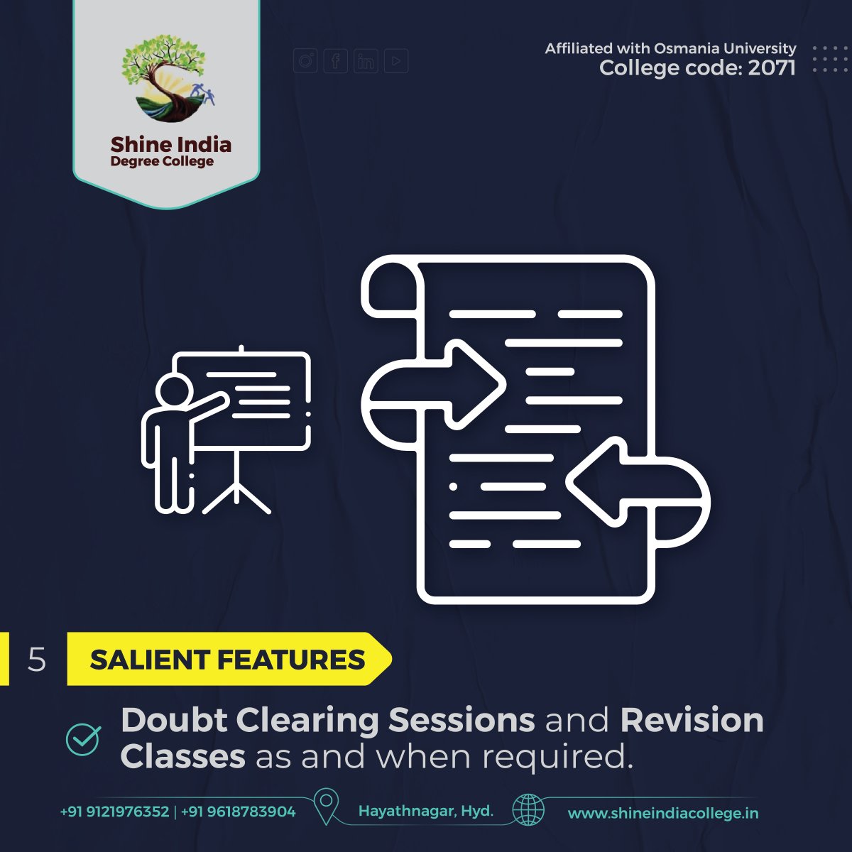 3 YEARS INTEGRATED PROGRAM

Doubt clearing sessions and Revision classes as and when required

Courses offered
BA |B. Com| BBA - Integrated Degree with Civils & Banking

#banking #civilserviceexams #Hyderabad #Telangana #india #indian #admissions2023 #educational #Features