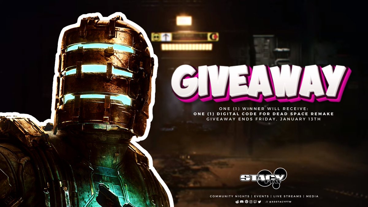 xostacyftw's tweet photo. GIVEAWAY TIME! I'm giving away one (1) digital code for @deadspace remake to one (1) lucky winner for the platform of their choice! 

To enter:
- Follow me @xostacyftw
- Like and Retweet this post
- Comment your platform of choice

Giveaway ends Friday, Jan 13 EOD. Good luck! https://t.co/ge7GVjm3L1
