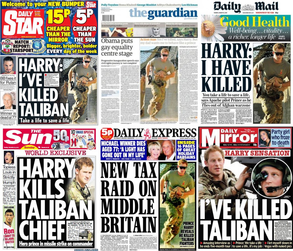 scobie's tweet photo. I'm anti-war, so any talk of killing is not for me. But it's wild to see how in 2013, papers called Harry "hero prince", "action man", "swashbuckling royal" when he spoke about killing Taliban insurgents. A decade on (and now the enemy) he's attacked for repeating the same claim. https://t.co/p88aJWX9Ub