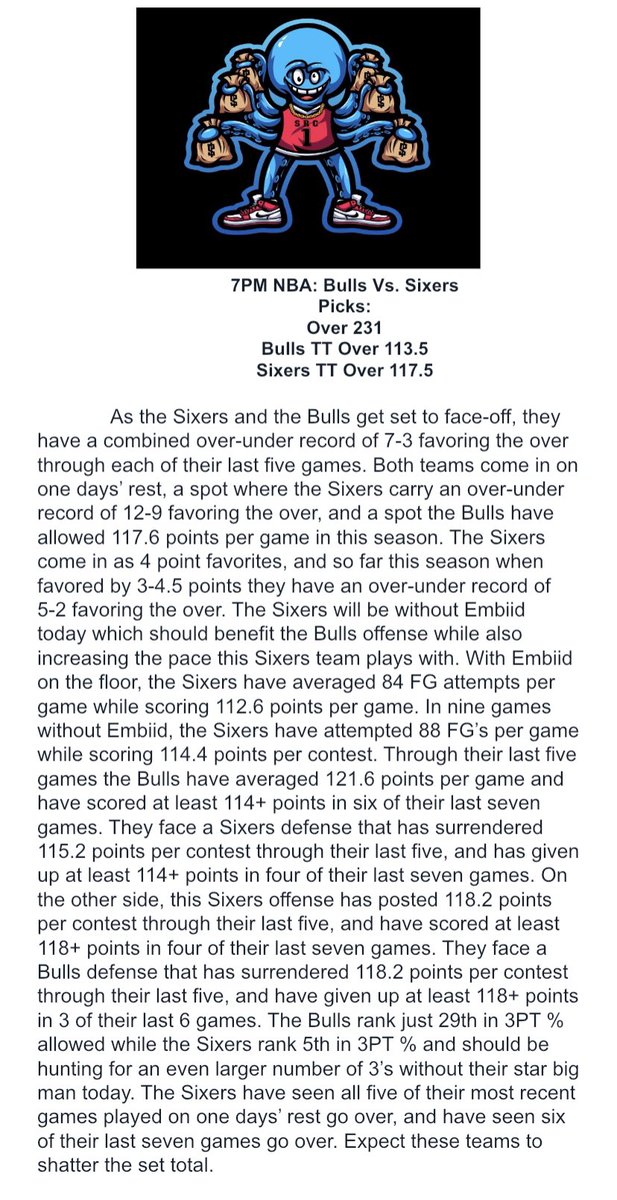 SRCGROUP2K's tweet photo. Bulls Sixers Over 231✅
Bulls TT Over 113.5✅
Sixers TT Over 117.5❌
Last 44 Free Plays: 33-11 (75%)

For all plays⬇️
https://t.co/h7hc64kffP

To be sent Monday’s Free Play
- Like &amp; Retweet 
- Comment #Betsmarter
- DM Done
Play sent at 6PM Monday

#Betsmarter #Gamblingtwitter https://t.co/slOYCvh2WV