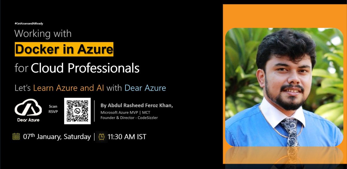 KasamShaikh's tweet photo. 👉 It's today,  #GetAzureandAIReady

⏰ Sharp at 11:30 AM IST.

 Here is the joining link: https://t.co/nqsBxB3quW

 #dearazure #mvp #mct #docker #azure @TechFero @CodeSizzler @dearazure_net https://t.co/acDTnwnf2t