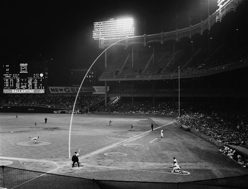baseballinpix's tweet photo. Photo showing the path of the home run hit by Mickey Mantle that hit the facade of Yankee Stadium.  May 22, 1963 https://t.co/UckSbQcc3l