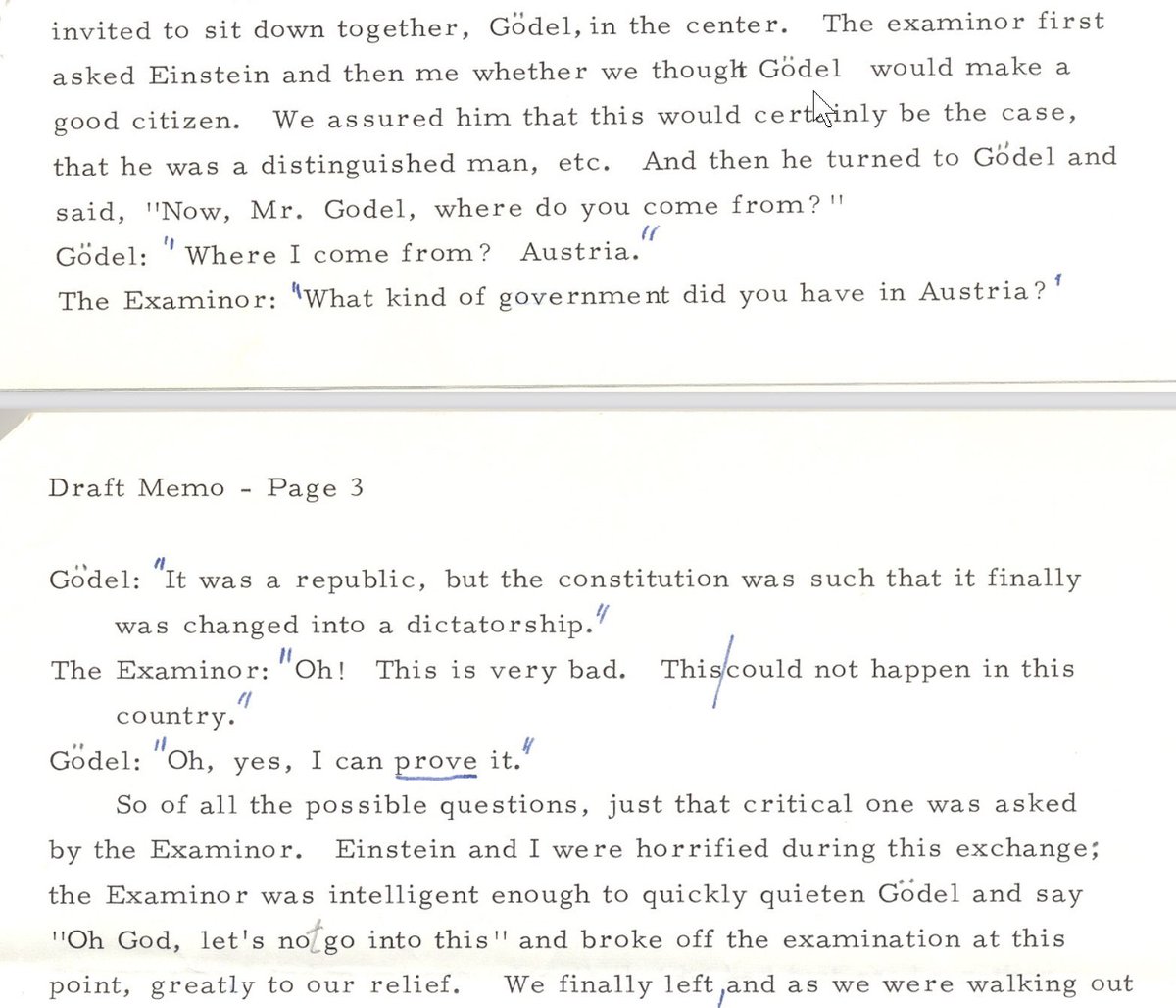 emollick's tweet image. Constitution fun fact: When Kurt Gödel was studying for his citizenship test he found a &quot;logical flaw&quot; in the Constitution allowing for legal dictatorship. His witness, Einstein, had to stop him from bringing it up at the test! (They never shared the flaw) robert.accettura.com/wp-content/upl…
