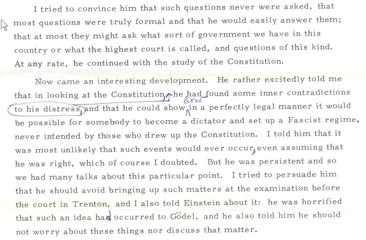 emollick's tweet image. Constitution fun fact: When Kurt Gödel was studying for his citizenship test he found a &quot;logical flaw&quot; in the Constitution allowing for legal dictatorship. His witness, Einstein, had to stop him from bringing it up at the test! (They never shared the flaw) robert.accettura.com/wp-content/upl…