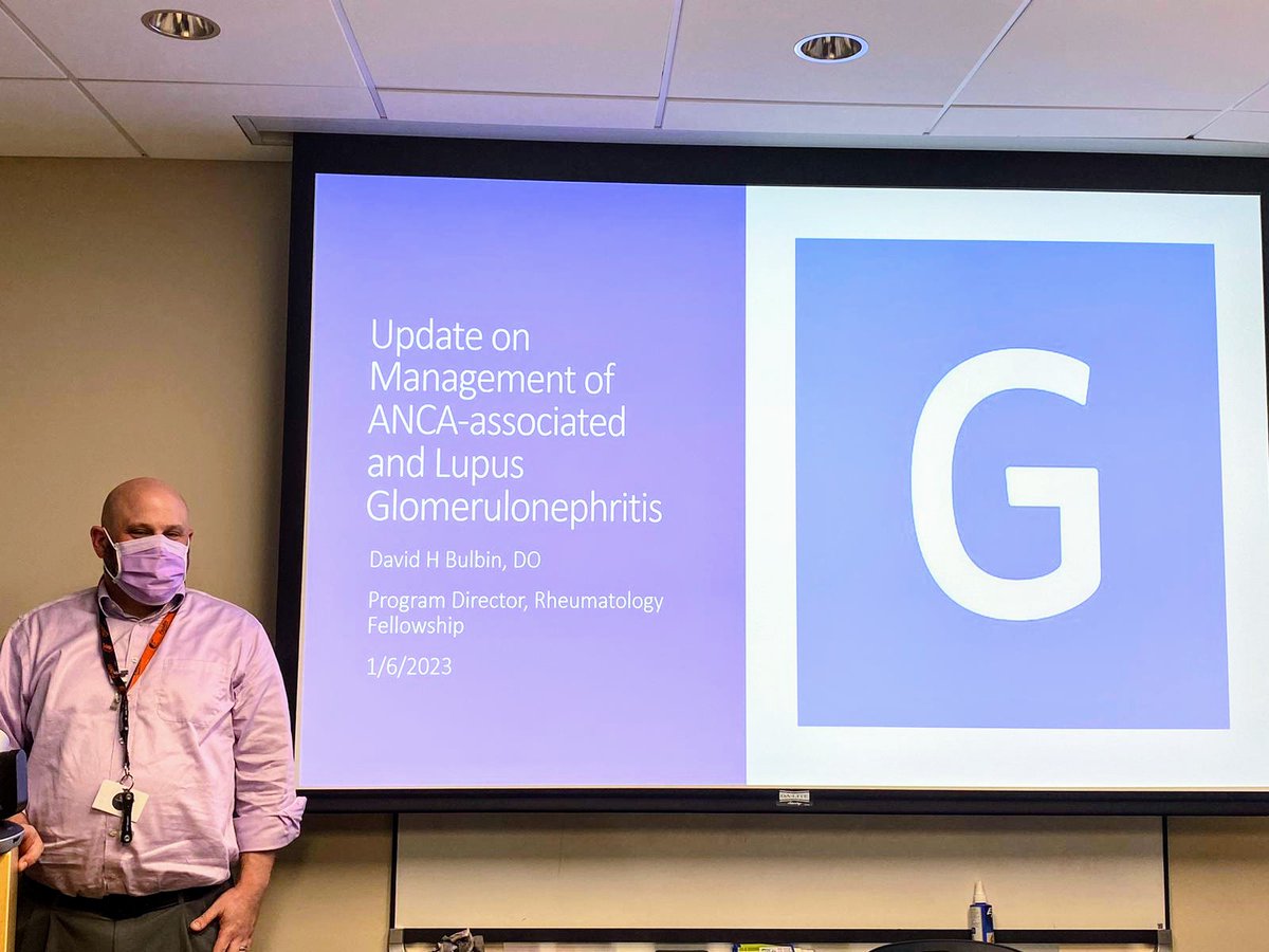 GeisingerRheum's tweet photo. Today's Medical Grand Rounds for the Geisinger system was presented by none other than our Program Director, Dr. Bulbin! He went over the history of treatments for ANCA-associated and lupus glomerulonephritis and filled us in on upcoming therapies! https://t.co/KDBSUFBXZ0