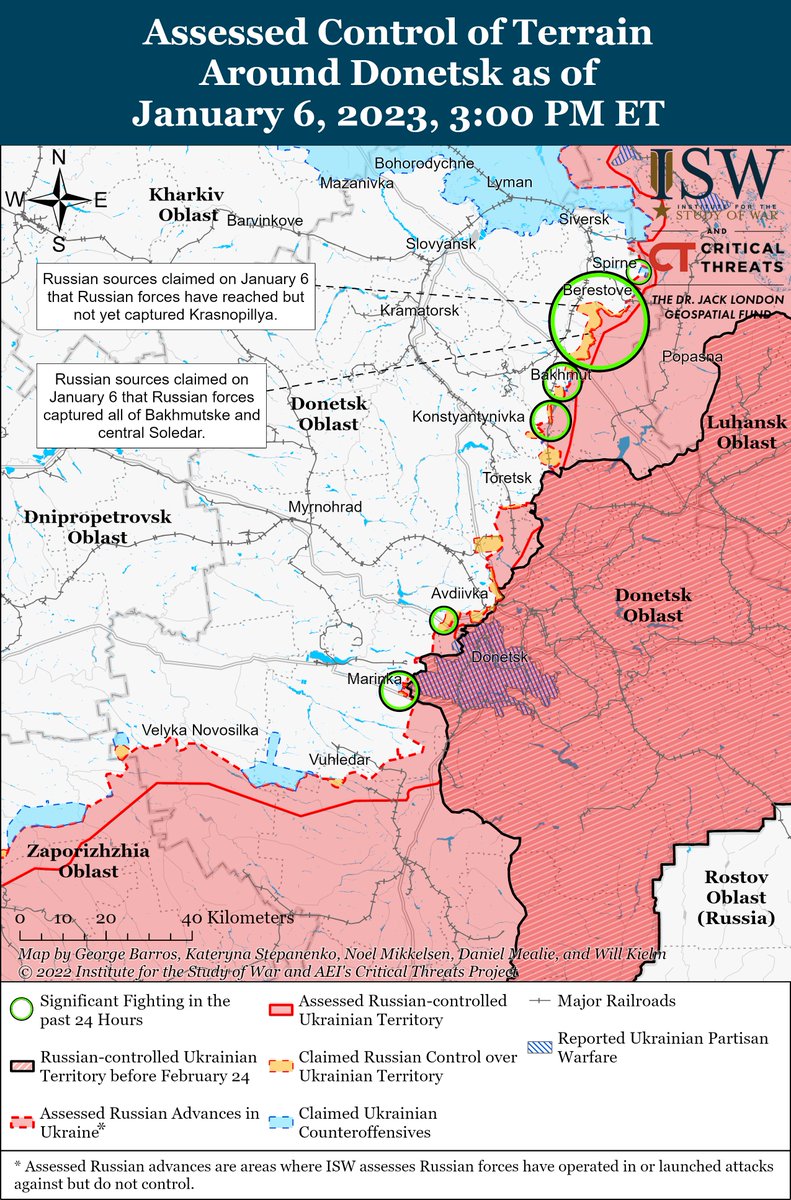 TheStudyofWar's tweet image. Russian and Ukrainian forces continued offensive operations near #Kreminna &amp;amp; #Svatove.

Russian sources claimed that Russian forces made gains in #Soledar as Russian offensive operations continued around #Bakhmut and the #Avdiivka-#Donetsk City area. isw.pub/UkrWar010623