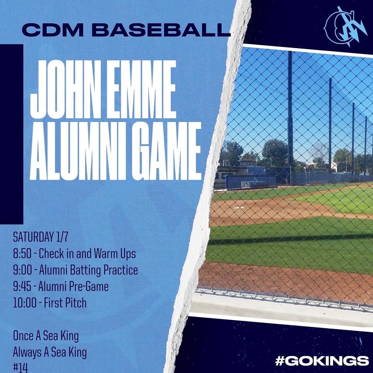 CdM_Baseball's tweet photo. We are ready to Kickoff the 2023 season with our Alumni Game tomorrow. We hope you can join us. #OnceASeaKingAlwaysASeaKing #GoKings #HaveFun #LeadByExample https://t.co/yJCgEp0oPU