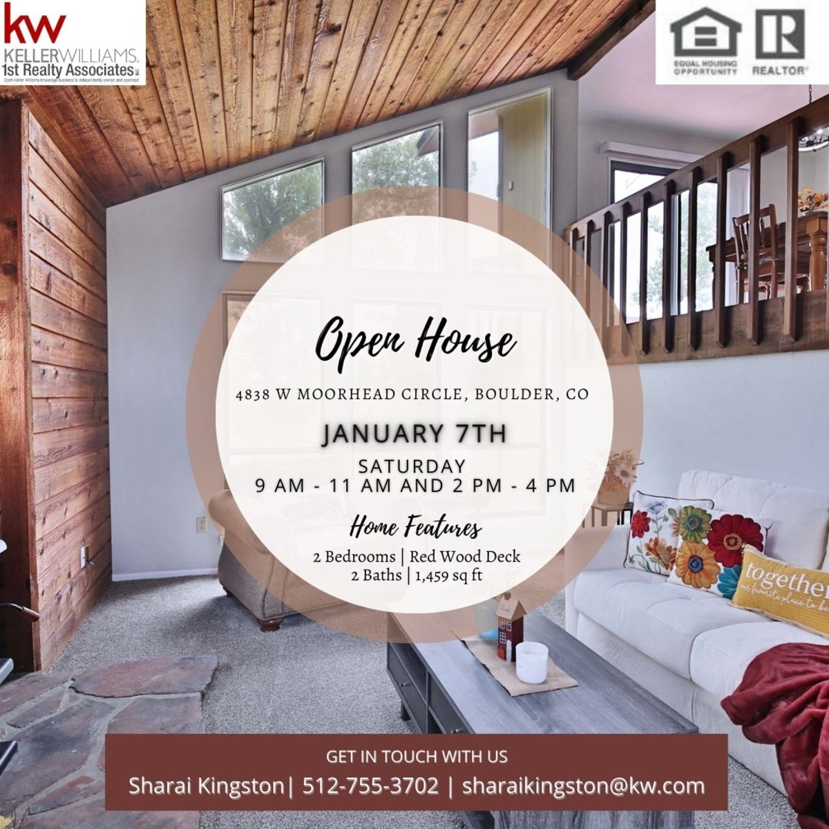 OPEN HOUSE:  Come see us on Saturday, January 7th at 4838 W Moorhead Circle, Boulder, CO.  
   
                 9AM - 11AM or 2 PM - 4 PM   

#warmthandcharacter #potbellystove #hikingandbiking #tubing #centrallylocated #CUBoulder #starterhome #collegestudent #downsize