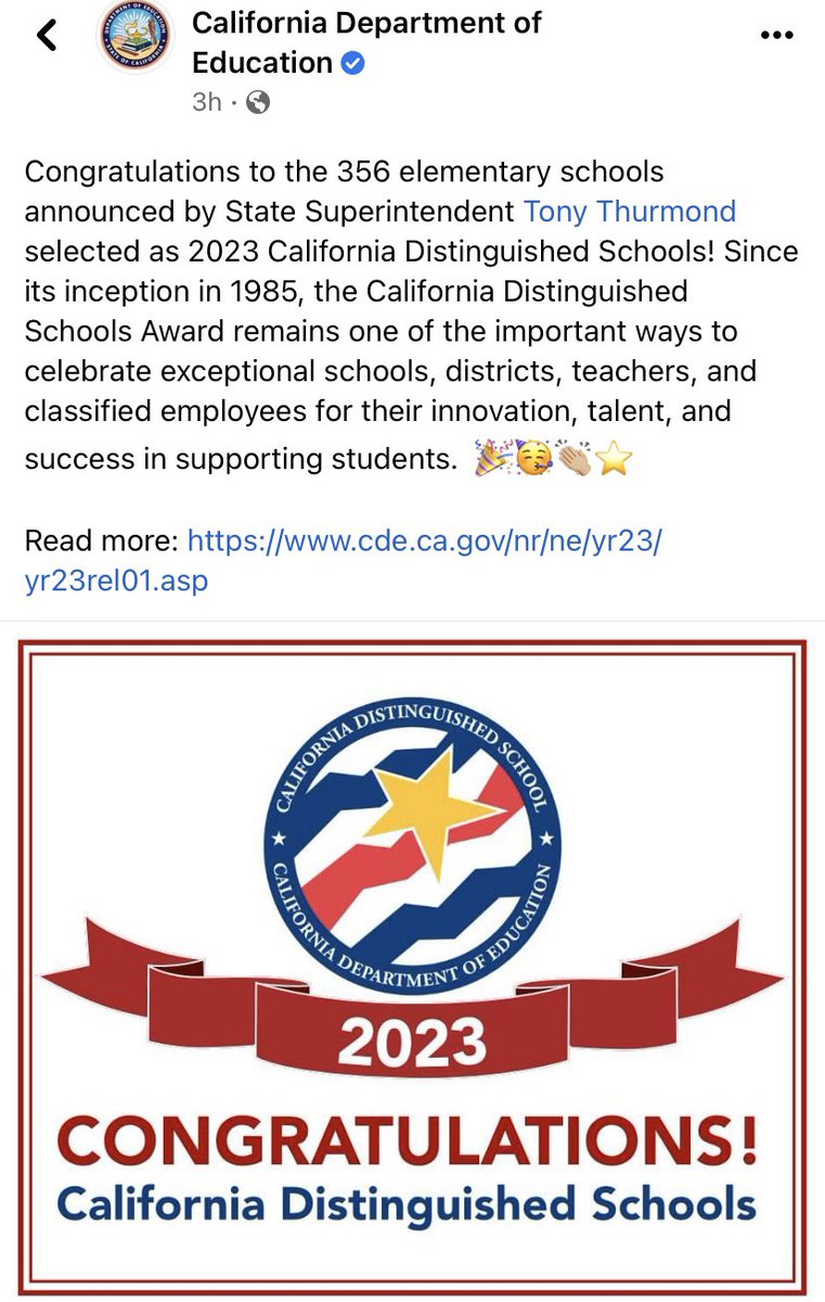 Congratulations, Eastvale Elementary in Corona Norco USD. Principal Ivy Eldridge, AP Heather Griffith and amazing staff.🎉 @RivCoSchoolSupt @DrLisaSimon @TonyThurmond @bpollockpac @CNUSDAsstSup @DrJPSanchez @CharlaCapps @IEwellEldridge