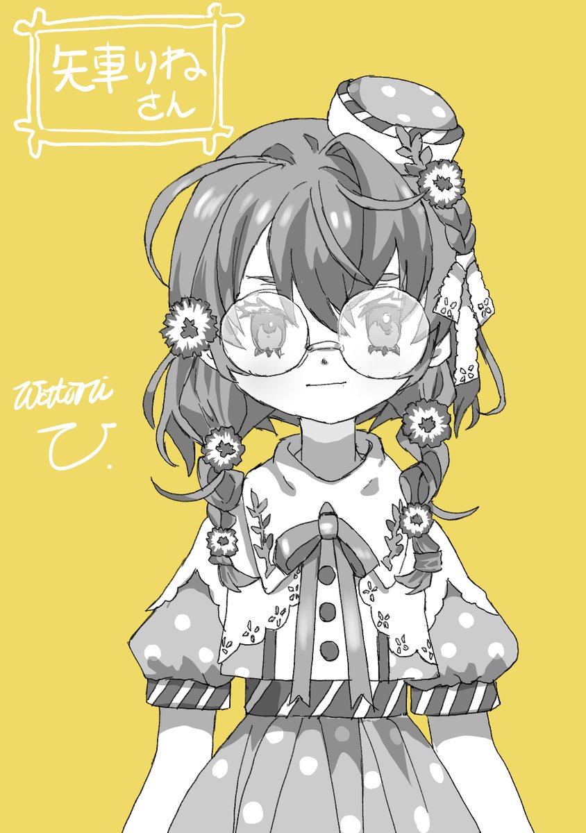 1girl polka dot dress solo yellow background glasses round eyewear dress  illustration images