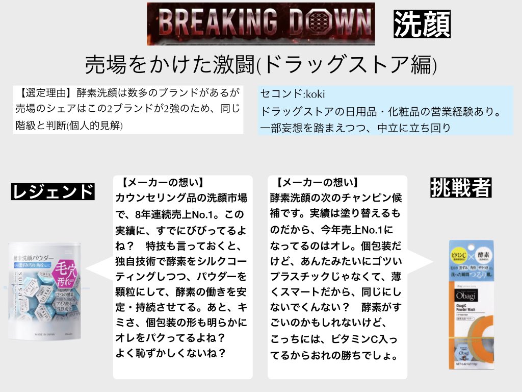 koki_cosmetics's tweet photo. 【BreakingDown】
売場をかけた化粧品メーカー同士の争い

※『メーカーの担当者は心の中でこう思っているのではないかな？』という僕個人の妄想です。

自分がメーカーの担当者なら心の中でこんな風に思うかも？笑 https://t.co/4T2SKTop6G