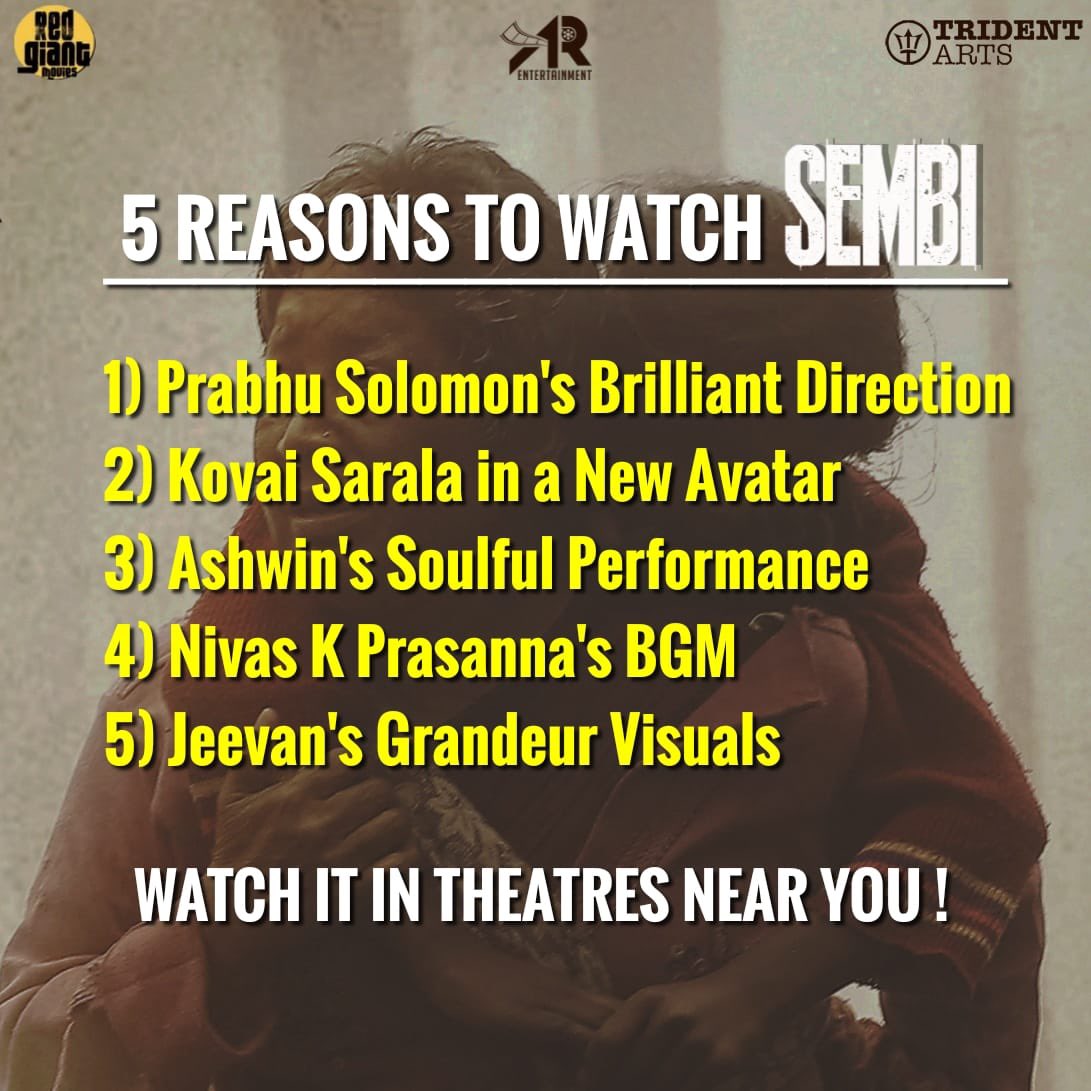 sathishmsk's tweet photo. #Sembi உணர்வுகளை உலுக்கிய வெற்றி..
#SembiRunningSuccessfully in second week with good number of screens.
@tridentartsoffl @arentertainoffl @prabu_solomon @RedGiantMovies_ @MShenbagamoort3 @i_amak #AjmalKhan @nivaskprasanna @actressReyaa #Jeevan #Buvan #VijayThennarasu https://t.co/VR3mrfl9SE