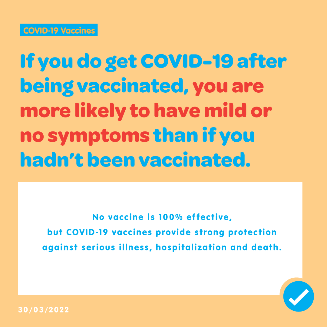 No vaccine is 100% effective, but #COVID19 vaccines provide strong protection against serious illness, hospitalization and death. 

Get all COVID-19 vaccine doses recommended to you, including booster doses. #LiveLifeSafely