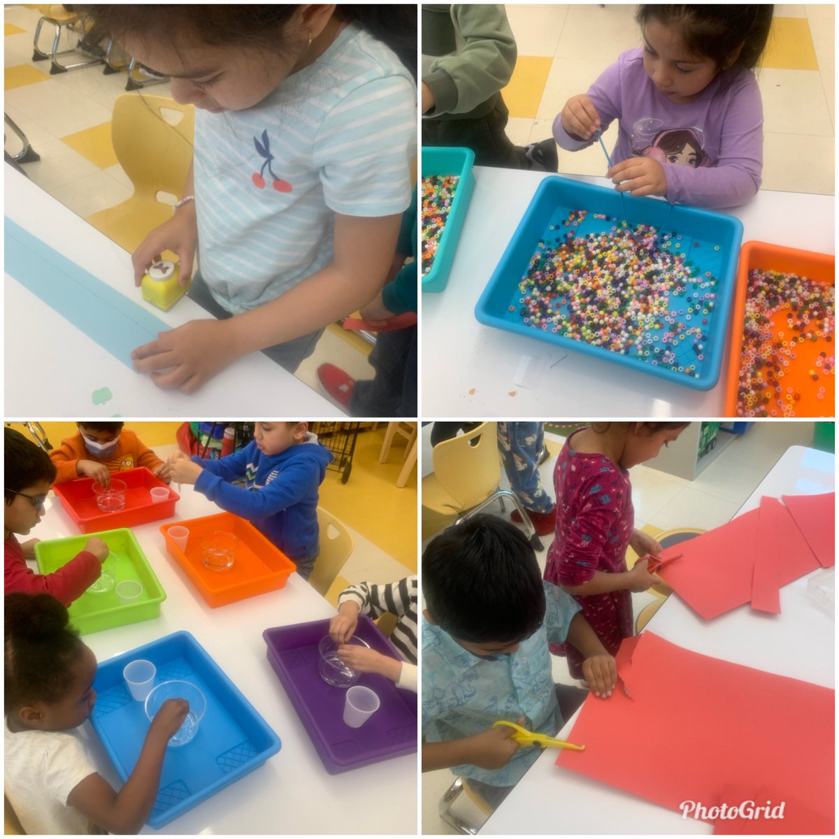 Fine Motor Friday! Students strengthen their fine motor skills today by making bead bracelets, cutting with fancy scissors, and using paper punchers and eye droppers.